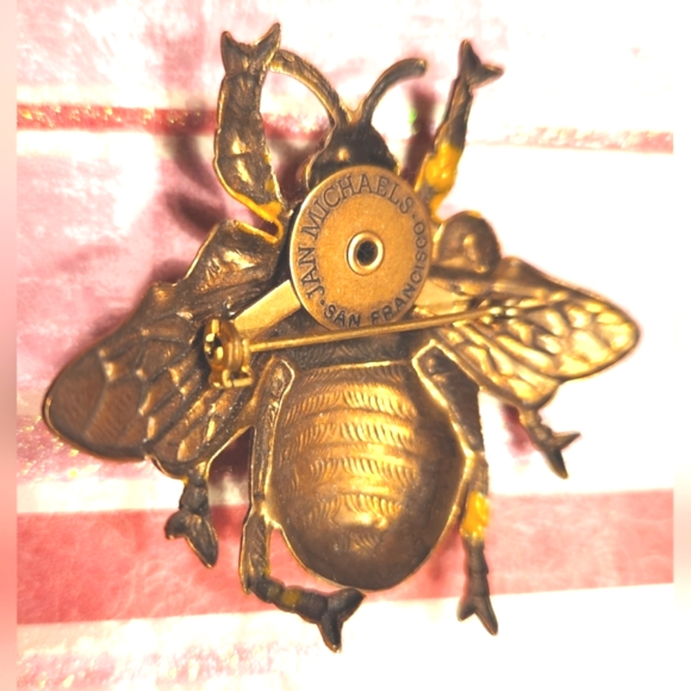 80s BEE Pin JAN MICHAELS SF Insect Bug Scarab Beetle Golden Brass Brooch 2" EVC - Picture 11 of 16